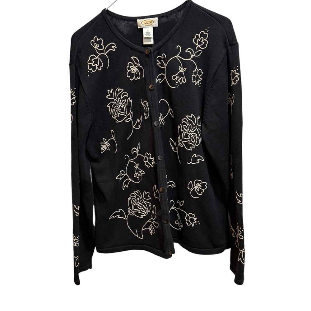 Vintage Talbots  cotton black  and white embroidered cardigan women’s size XL